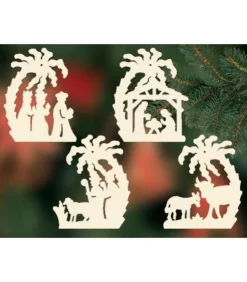 Ratags, décos de Noël lumineuses en bois Décorations En Bois Pour Sapin De Noël|4 Crèches De Noël Sous Un Palmier A Suspendre Au Sapin - Set N° 23