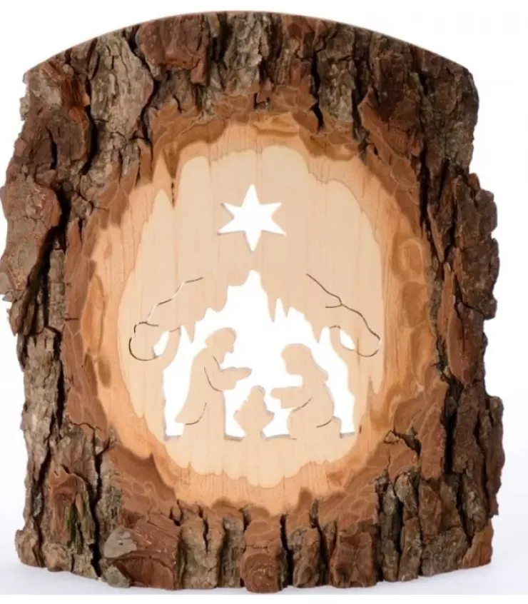 Waldfabrik, photophore en bois et étoile sapin de Noël Crèche De Noël Artisanale|Crèche A Poser En Ecorce De Bois, 18 Cm