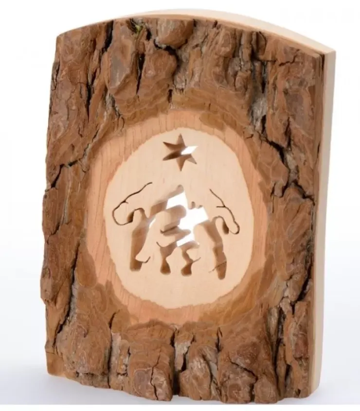 Waldfabrik, photophore en bois et étoile sapin de Noël Crèche De Noël Artisanale|Crèche A Poser En Ecorce De Bois, 11 Cm