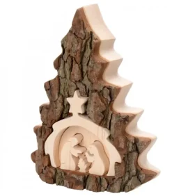 Waldfabrik, photophore en bois et étoile sapin de Noël Crèche De Noël Artisanale|Crèche De Noël 16 Cm, Taillee Dans Une Ecorce De Bois En Forme De Sapin