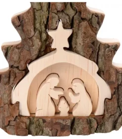 Waldfabrik, photophore en bois et étoile sapin de Noël Crèche De Noël Artisanale|Crèche De Noël 16 Cm, Taillee Dans Une Ecorce De Bois En Forme De Sapin