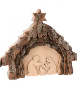 Waldfabrik, photophore en bois et étoile sapin de Noël Crèche De Noël Artisanale|Crèche De Noël 13 Cm, Taillee Dans Une Ecorce De Bois, Motif Etable