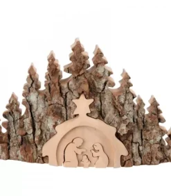Waldfabrik, photophore en bois et étoile sapin de Noël Crèche De Noël Artisanale|Crèche De Noël Taillee Dans Une Ecorce De Bois, Motif Etable, 20 Cm