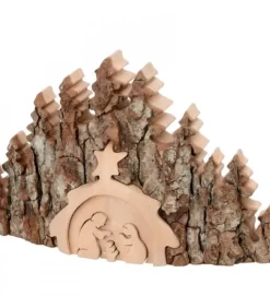 Waldfabrik, photophore en bois et étoile sapin de Noël Crèche De Noël Artisanale|Crèche De Noël Taillee Dans Une Ecorce De Bois, Motif Etable, 20 Cm
