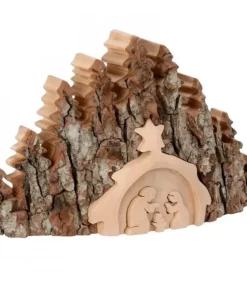 Waldfabrik, photophore en bois et étoile sapin de Noël Crèche De Noël Artisanale|Crèche De Noël Taillee Dans Une Ecorce De Bois, Motif Etable, 20 Cm
