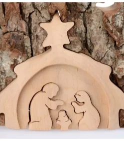 Waldfabrik, photophore en bois et étoile sapin de Noël Crèche De Noël Artisanale|Crèche De Noël Taillee Dans Une Ecorce De Bois, Motif Etable, 20 Cm