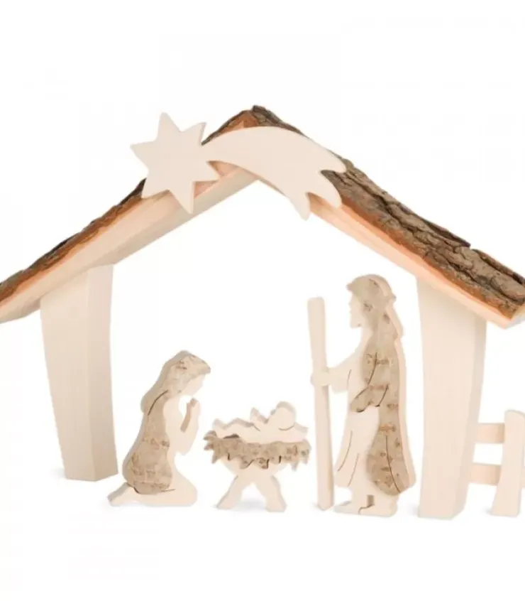 Waldfabrik, photophore en bois et étoile sapin de Noël Crèche De Noël Artisanale|Etable De Bethleem Avec Figurines En Ecorce, 17 Cm
