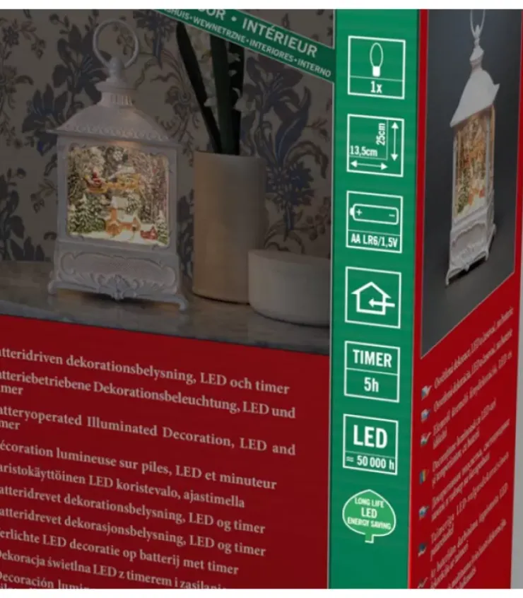 Konstsmide, guirlandes lumineuses de Noël Lanternes De Noël À Neige|Lanterne De Noël Blanche, Père Noël Volant Au-Dessus D'Un Village