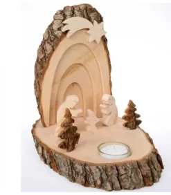 Waldfabrik, photophore en bois et étoile sapin de Noël Crèche De Noël Artisanale|Petite Crèche De Noël En Ecorce De Bois Avec Sapins Et Bougeoir