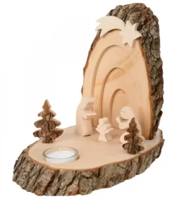 Waldfabrik, photophore en bois et étoile sapin de Noël Crèche De Noël Artisanale|Petite Crèche De Noël En Ecorce De Bois Avec Sapins Et Bougeoir