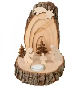Waldfabrik, photophore en bois et étoile sapin de Noël Crèche De Noël Artisanale|Petite Crèche De Noël En Ecorce De Bois Avec Sapins Et Bougeoir