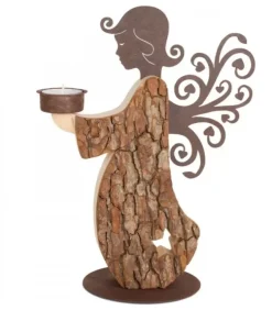 Waldfabrik, photophore en bois et étoile sapin de Noël Anges De Noël En Bois|Statuette Ange De Noël En Bois Avec Bougeoir 27 Cm
